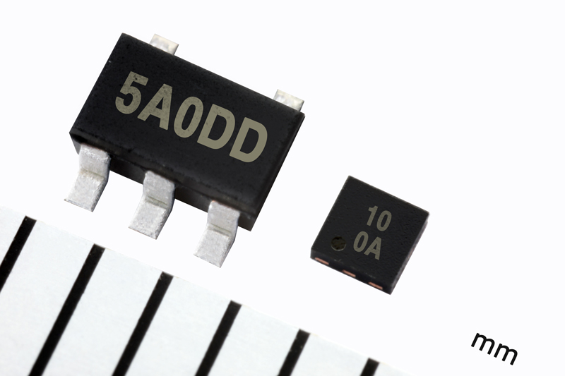 左側起依次是SOT-23-5-DC、DFN1212-6-GK封裝產品）